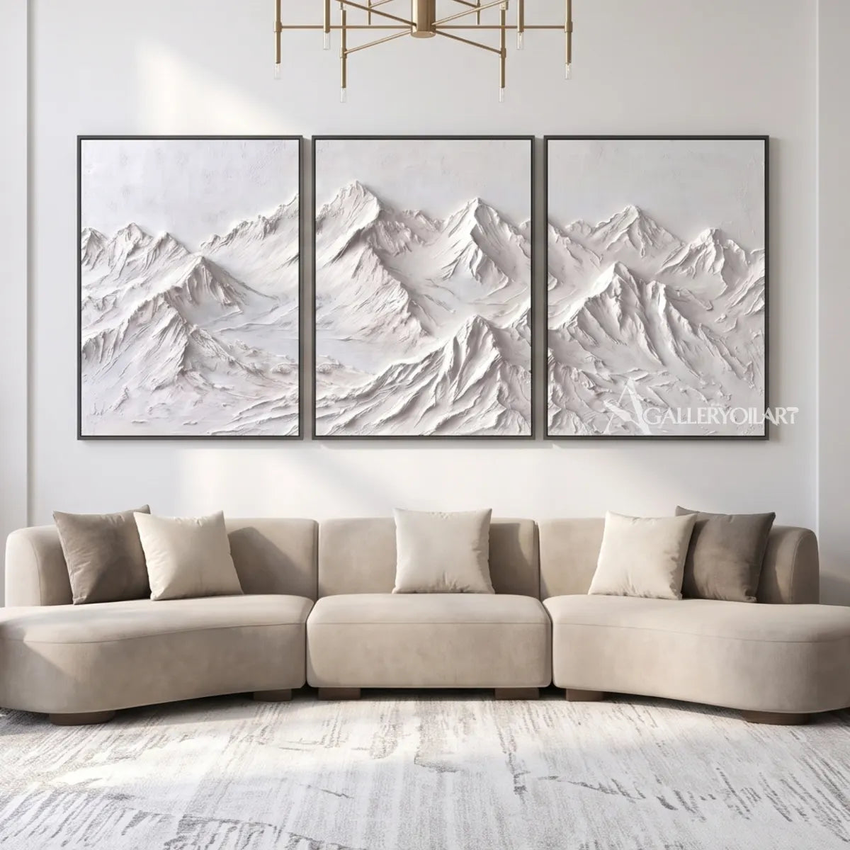 White-textured-mountain-ridge-triptych-above-a-curved-sofa