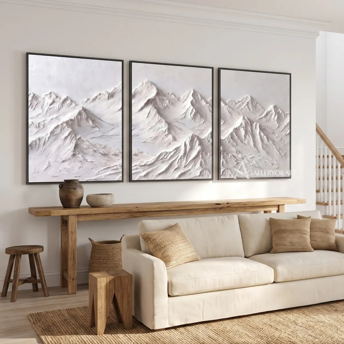 White-textured-mountain-ridge-triptych-in-a-warm-living-room