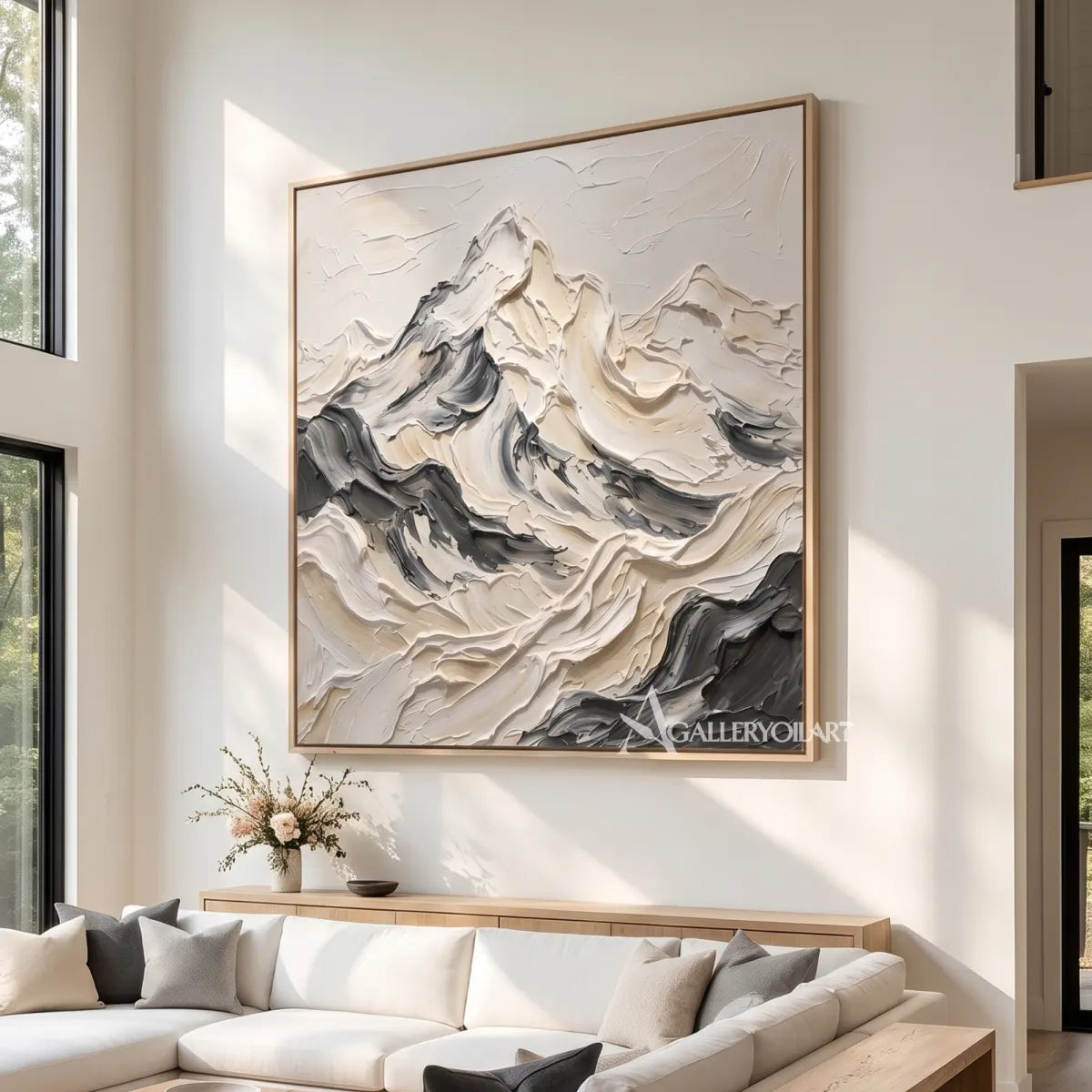a layered mountain range shaped by sweeping raised strokes-textured-3d-white-living-room