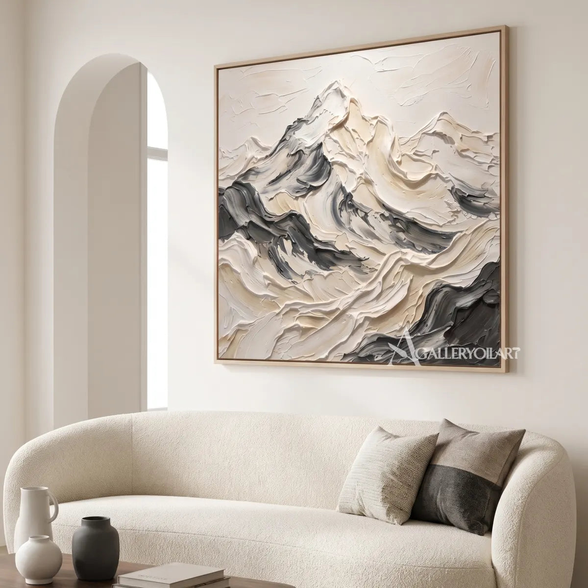 a layered mountain range shaped by sweeping raised strokes-textured-3d-white-minimalist-living-room