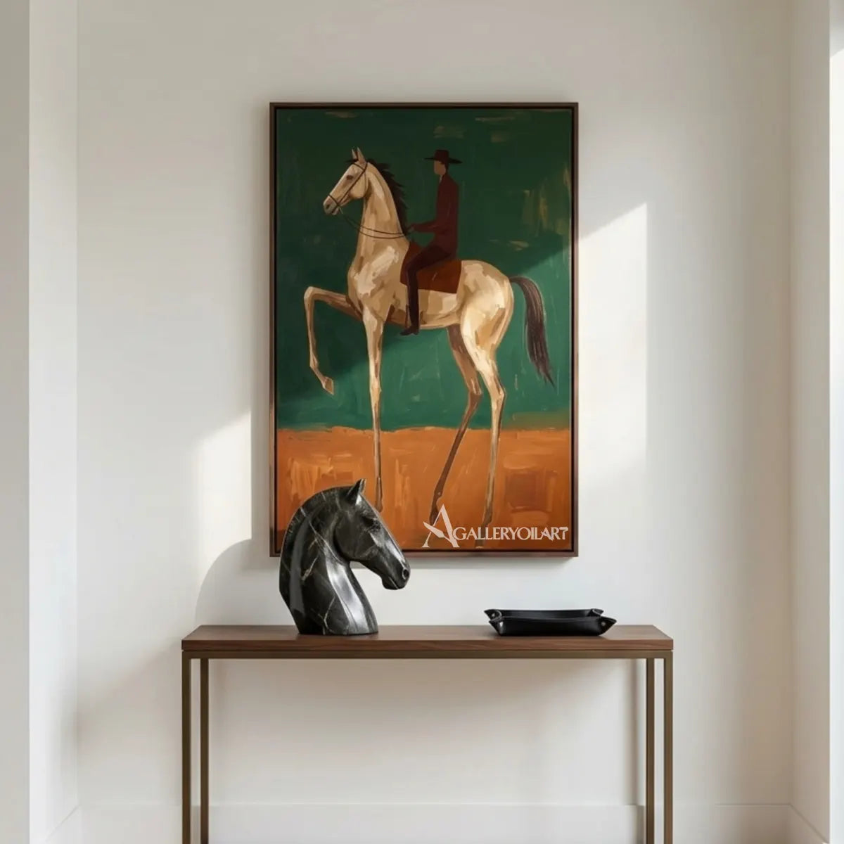 Western-cowboy-mounted-passage-with-rider-and-light-horse-in-an-entryway