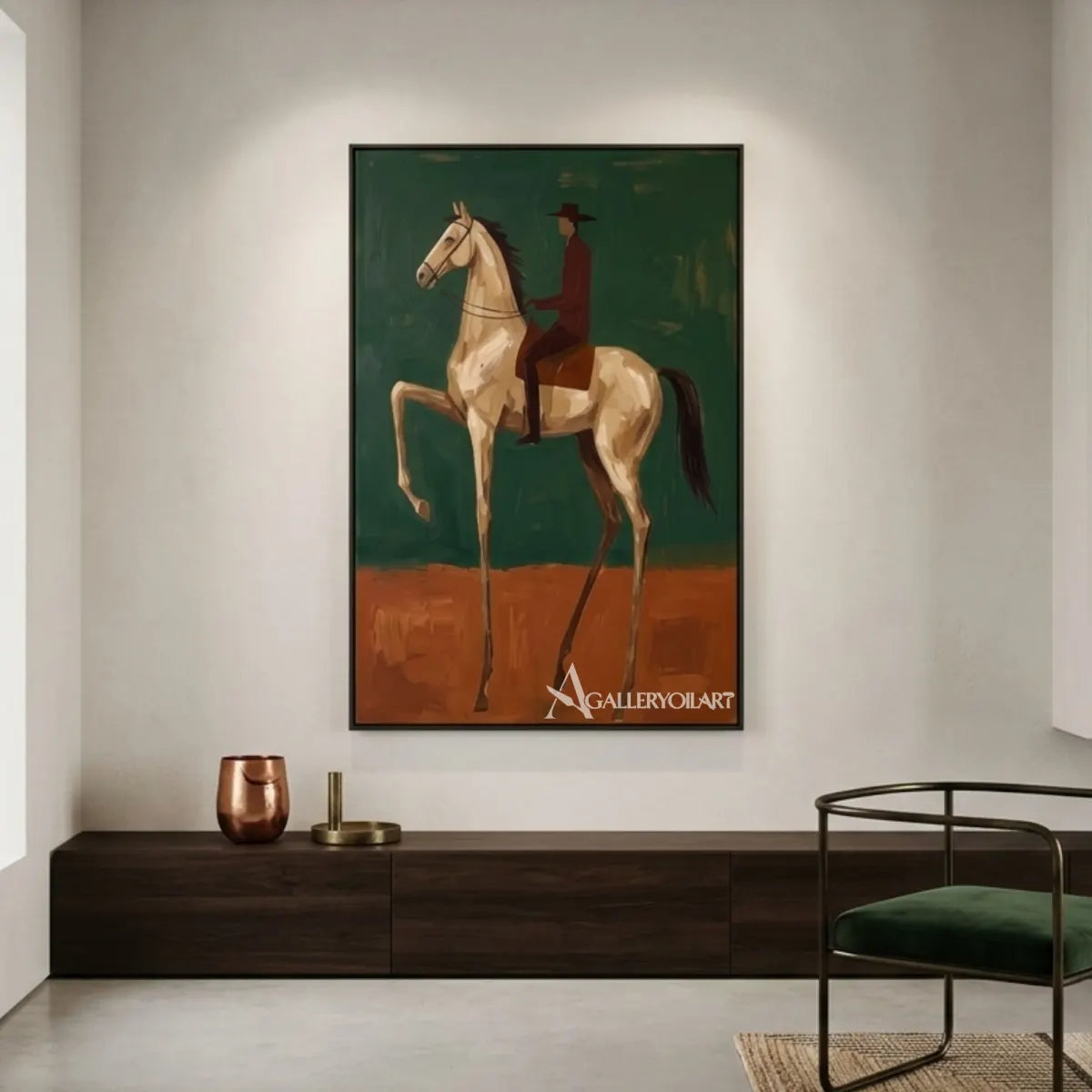 Western-cowboy-mounted-passage-with-rider-and-light-horse-in-a-hallway