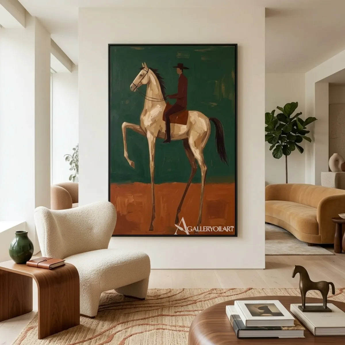 Western-cowboy-mounted-passage-with-rider-and-light-horse-in-a-living-area