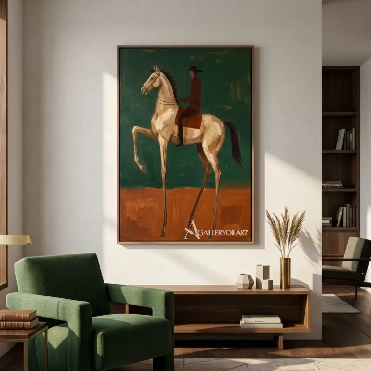Western-cowboy-mounted-passage-with-rider-and-light-horse-in-a-living-room
