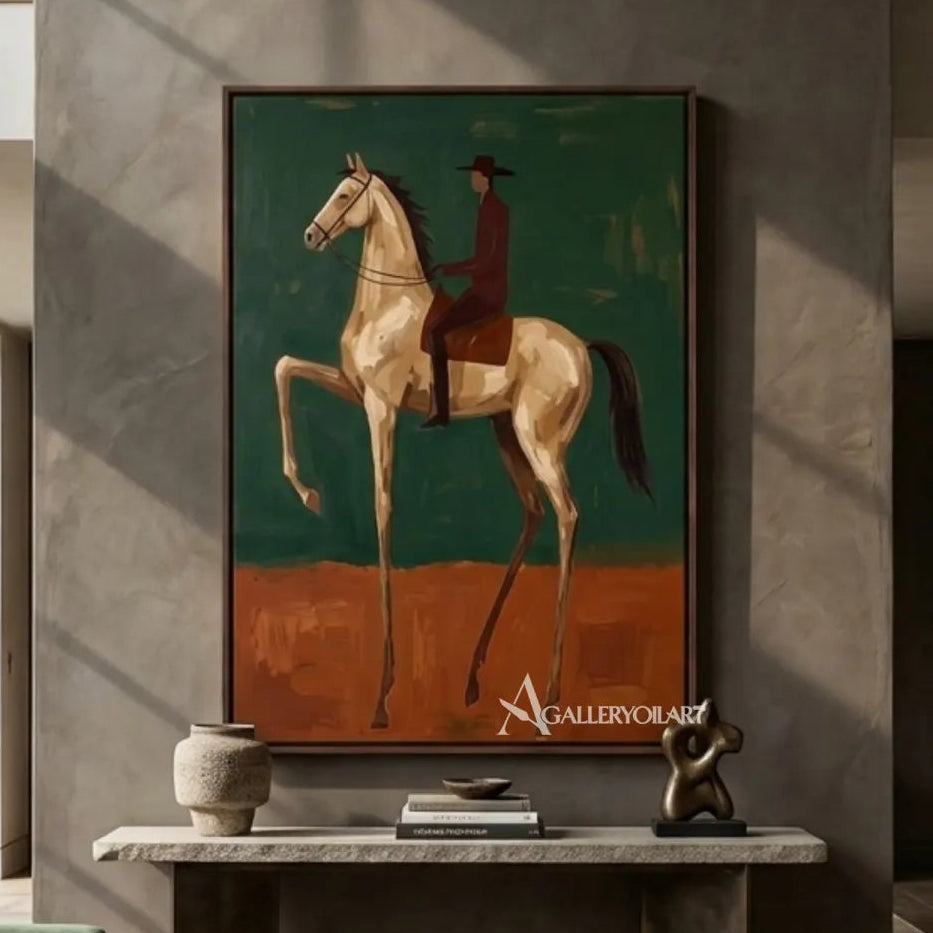 Western-cowboy-mounted-passage-with-rider-and-light-horse-in-a-neutral-room