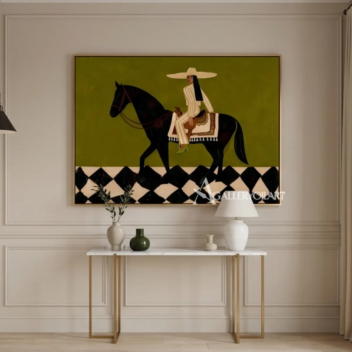 Mounted-pattern-western-cowboy-art-in-green-in-an-office