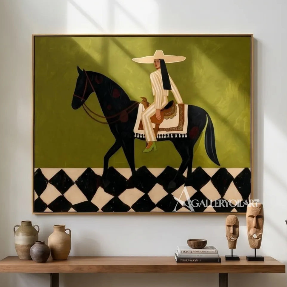 Mounted-pattern-western-cowboy-art-in-green