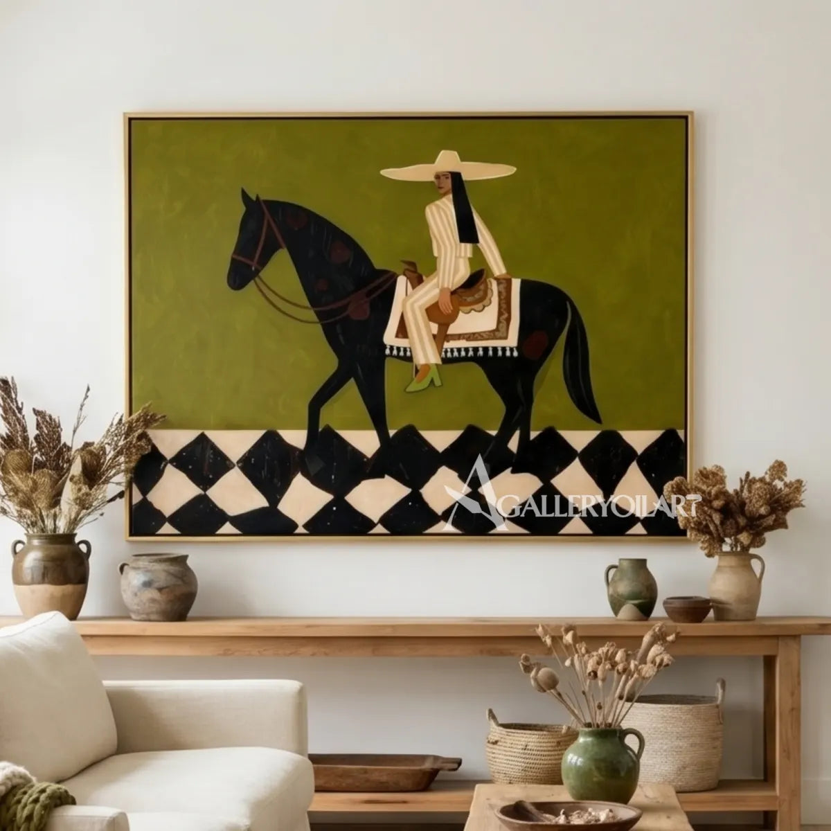 Mounted-pattern-western-cowboy-art-in-green-in-a-study