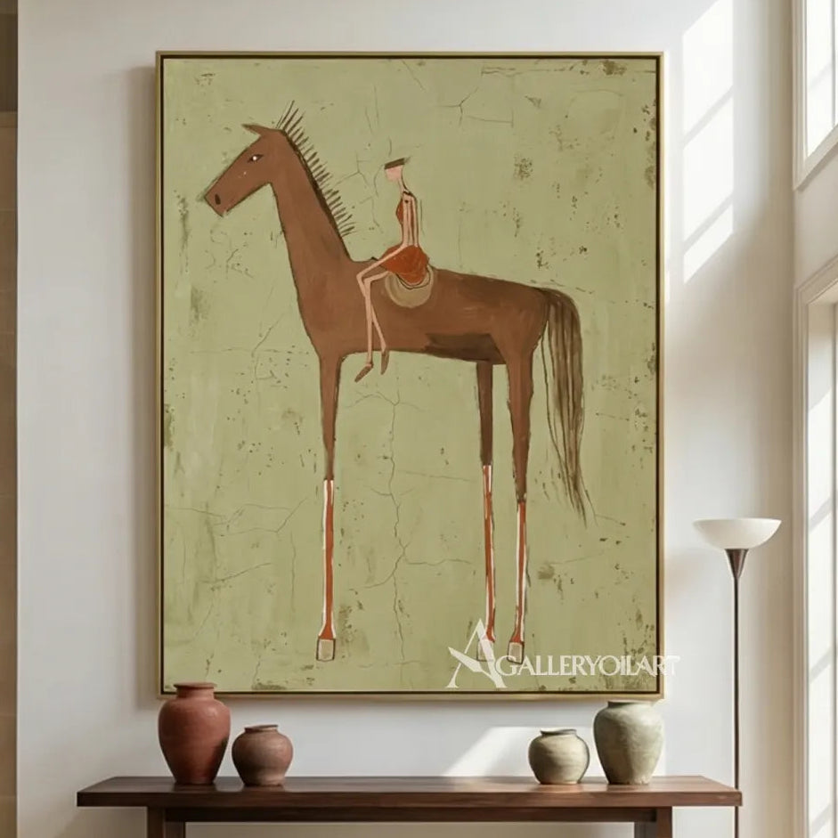 Mounted-brown-horse-western-cowboy-wall-art-above-a-console