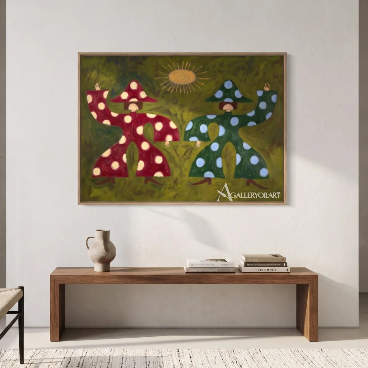folk-art-mushroom-figures-in-green-and-burgundy-hung-above-a-console-table