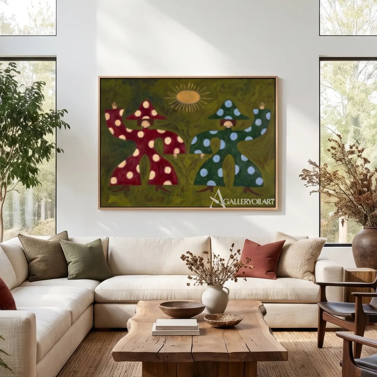 folk-art-mushroom-pair-in-green-burgundy-and-cream-above-a-sofa-in-a-neutral-interior