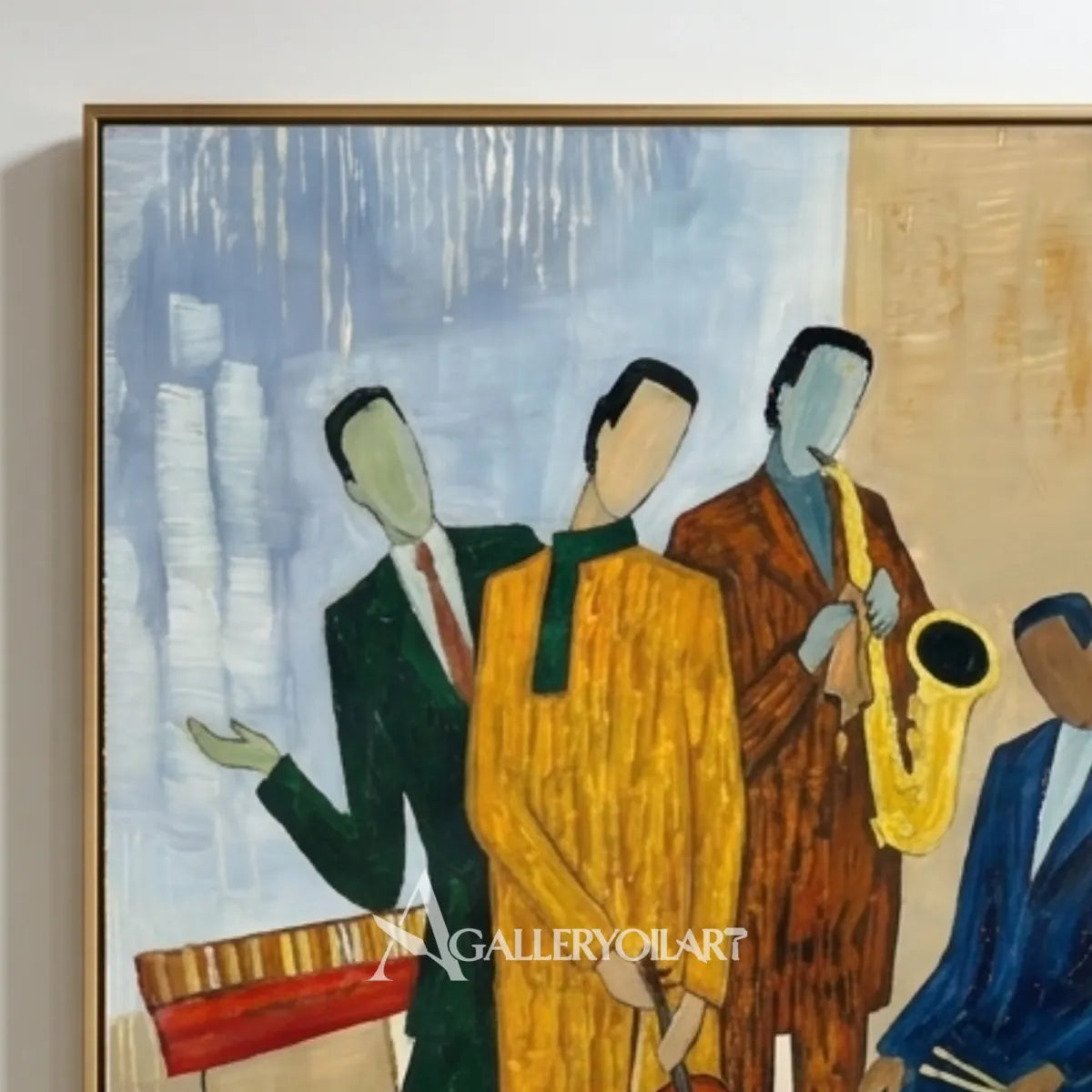 Portrait-art-painting-of-a-five-piece-musician-ensemble-with-saxophone-violin-and-drums-in-blue-and-ochre-in-a-living-room