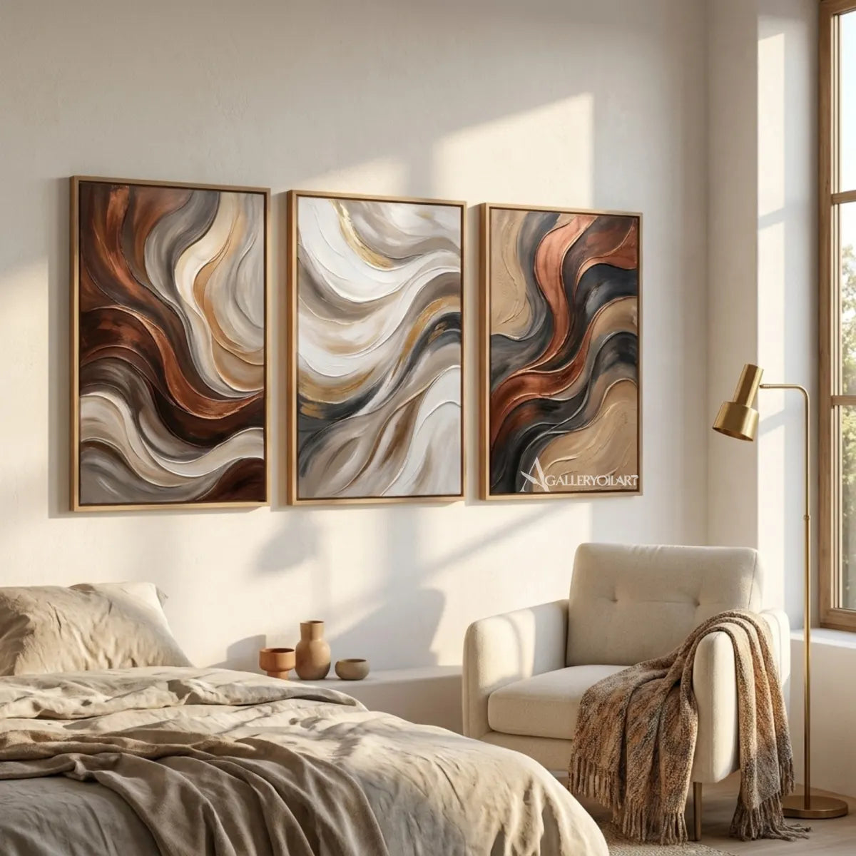 Three-panel-neutral-abstract-currents-in-textured-3d-beige-wall-art-in-bedroom