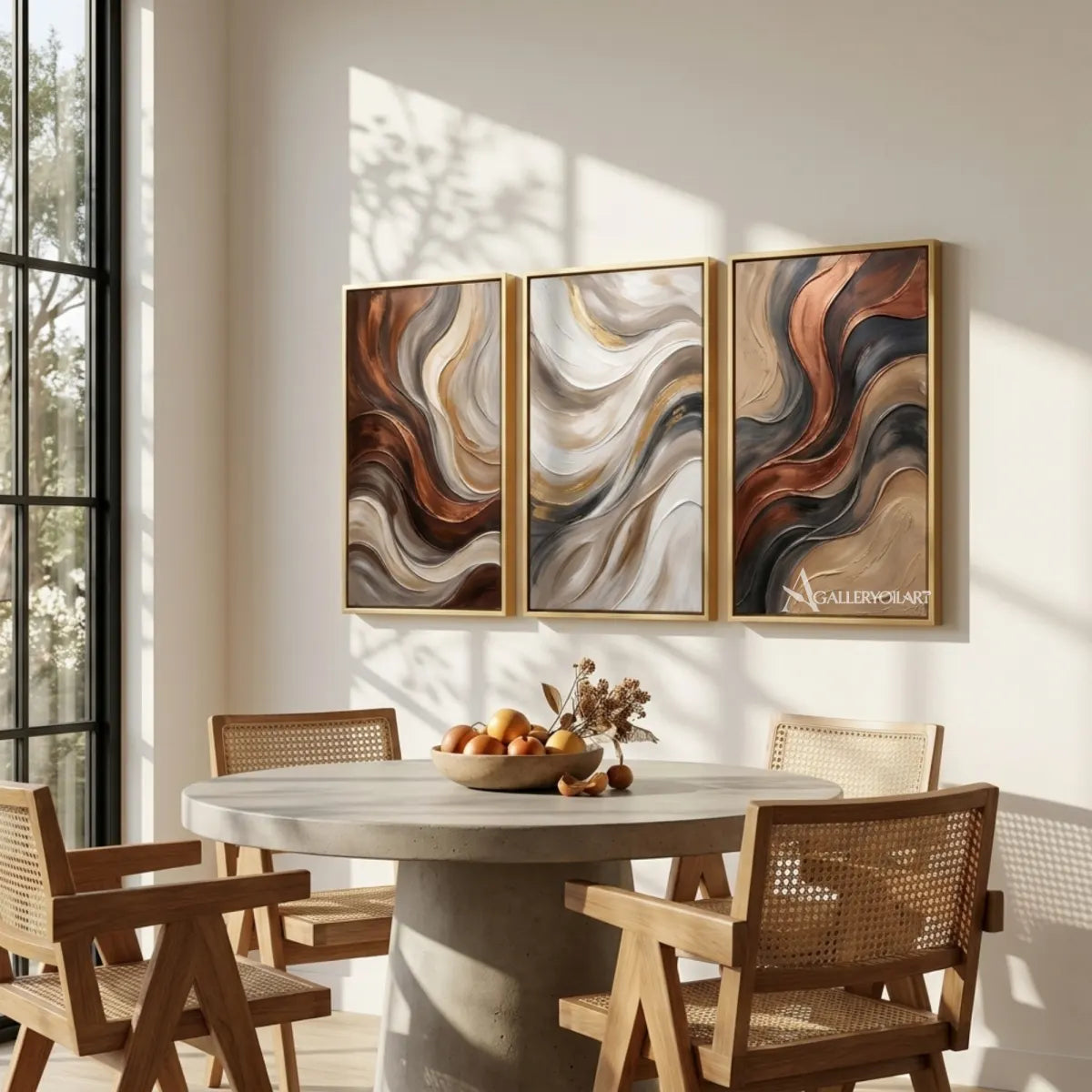 Three-panel-neutral-abstract-currents-in-textured-3d-beige-wall-art-in-dining-room