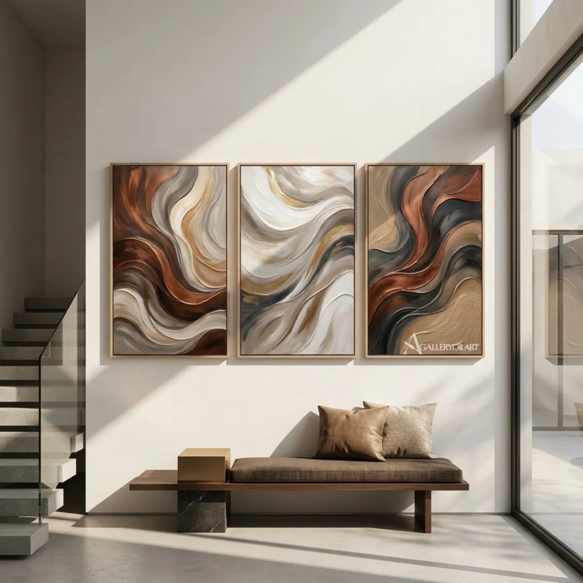 Three-panel-neutral-abstract-currents-in-textured-3d-beige-wall-art-in-gallery