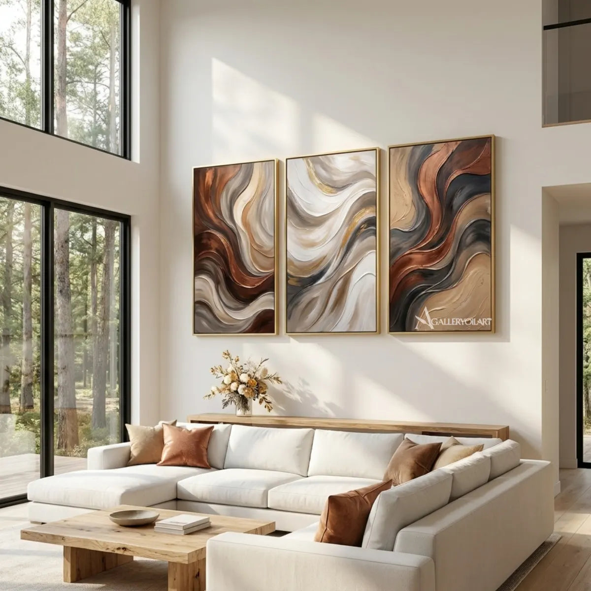 Three-panel-neutral-abstract-currents-in-textured-3d-beige-wall-art-in-living-room