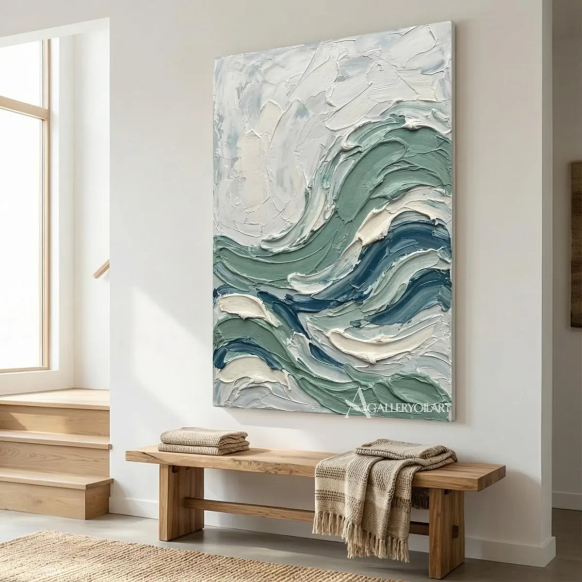 Textured-3D-ocean-wave-blue-and-white-wall-art-in-a-coastal-living-room