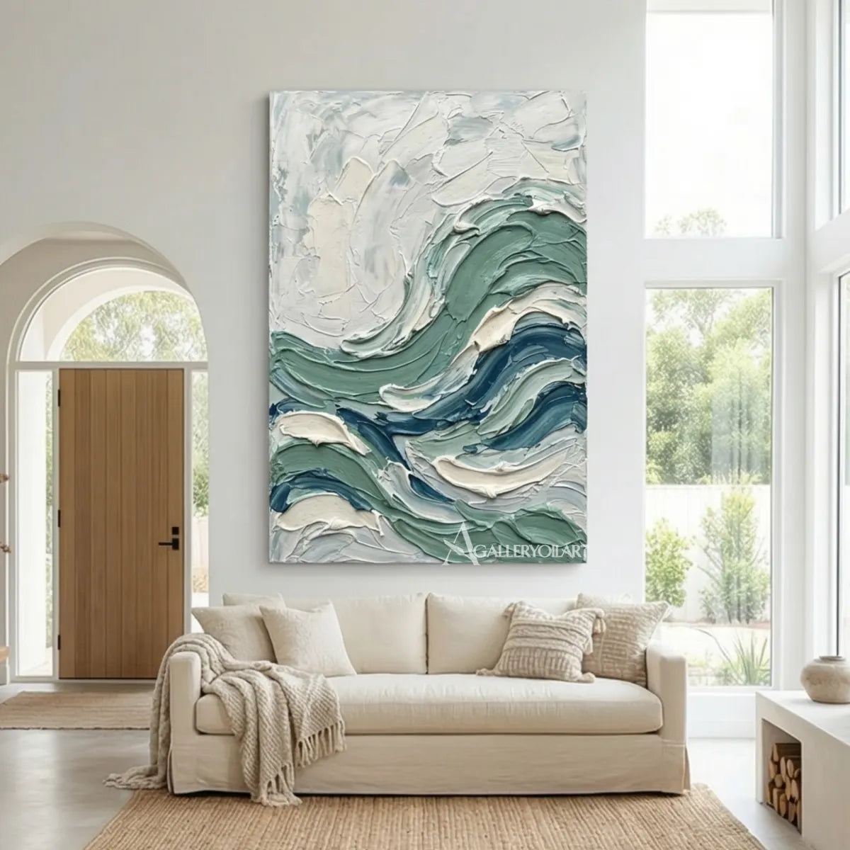 Textured-3D-ocean-wave-blue-and-white-wall-art-in-a-neutral-living-room