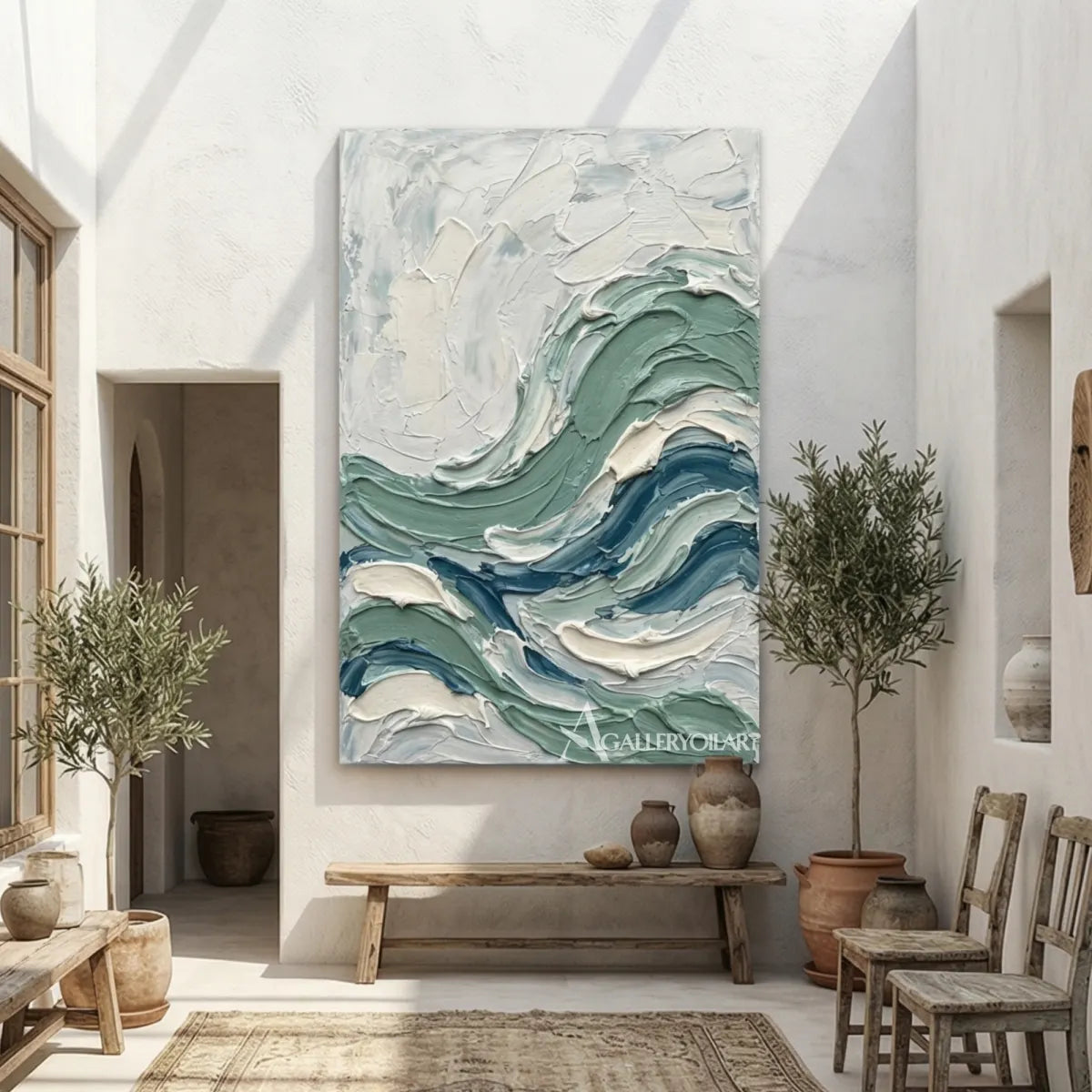 Textured-3D-ocean-wave-blue-and-white-wall-art-in-a-modern-living-room