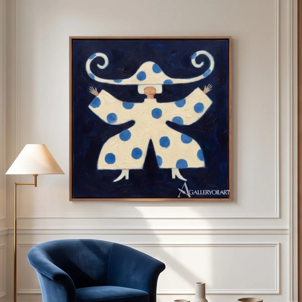 open-armed-figure-on-a-gallery-wall-in-folk-art-style-with-blue-and-cream-colors