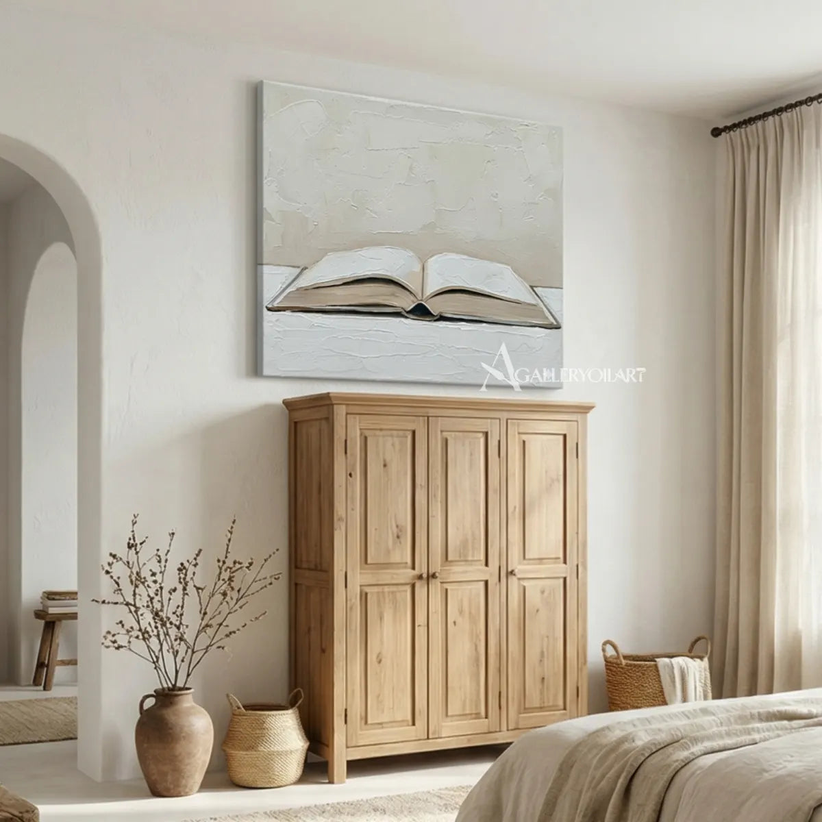 textured-3d-an-open-book-in-raised-relief-ivory-cream-pale-gray-warm-taupe-and-muted-brown-wall-art-in-bedroom