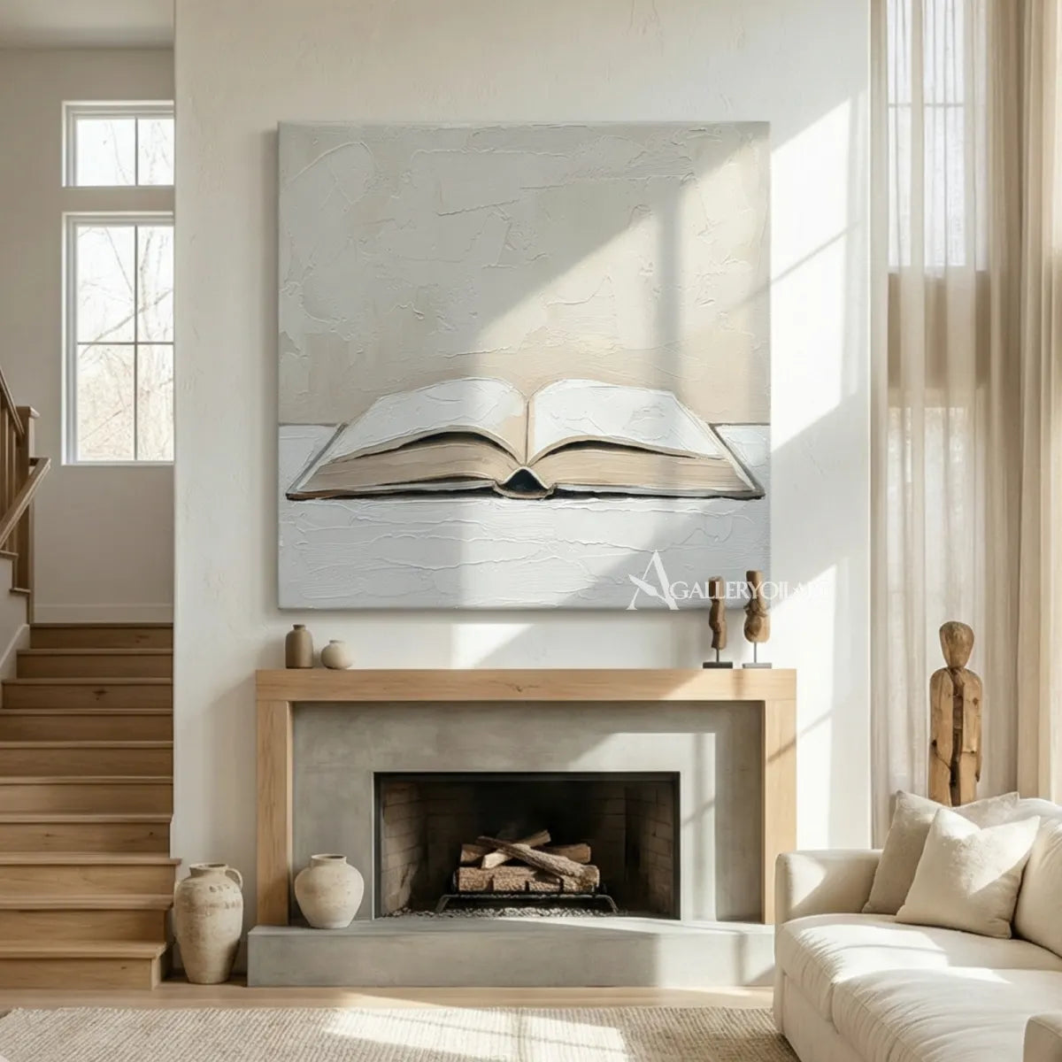 textured-3d-an-open-book-in-raised-relief-ivory-cream-pale-gray-warm-taupe-and-muted-brown-wall-art-in-fireplace-room