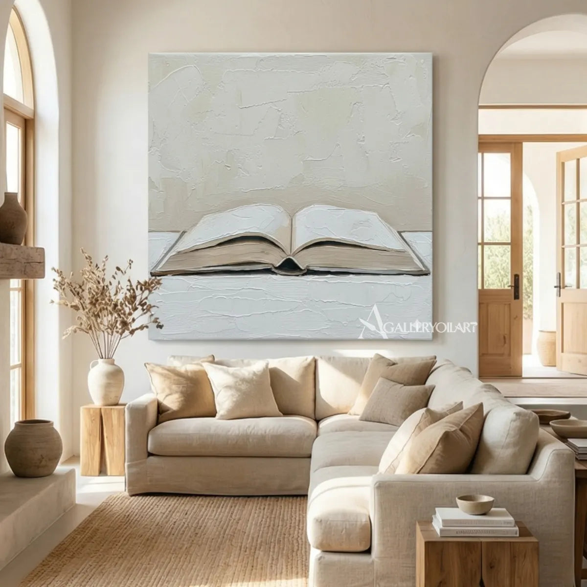 textured-3d-an-open-book-in-raised-relief-ivory-cream-pale-gray-warm-taupe-and-muted-brown-wall-art-in-reading-room