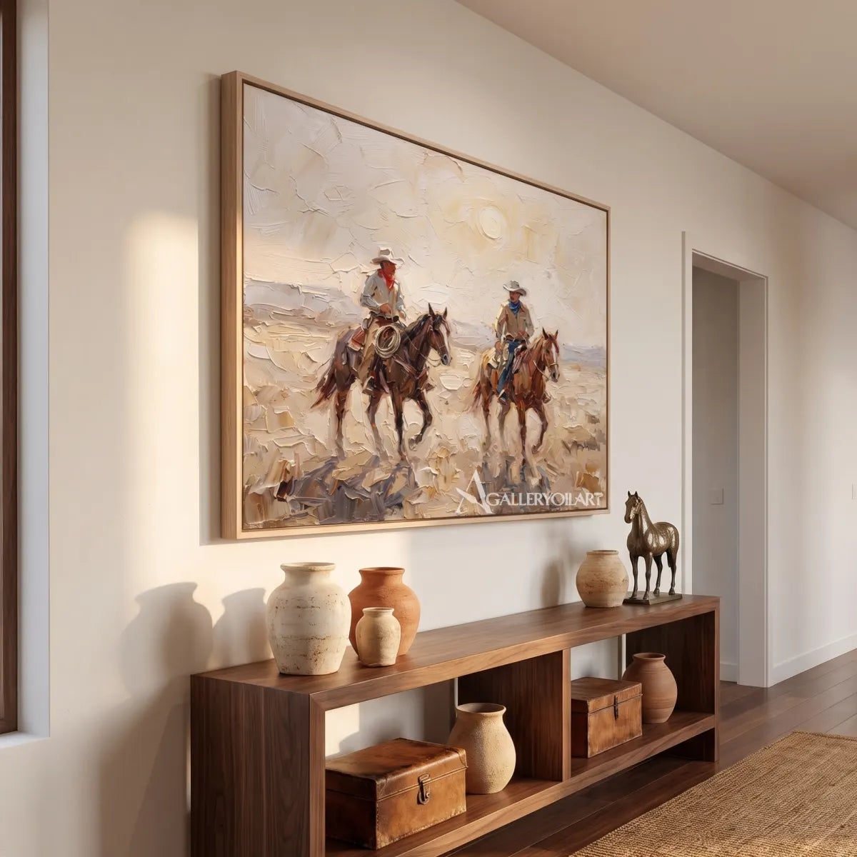 open-range-riders-western-cowboy-beige-wall-art-in-a-contemporary-home