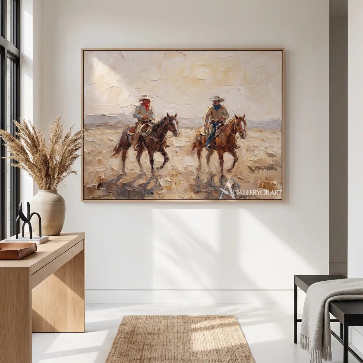 open-range-riders-western-cowboy-beige-wall-art-in-a-gallery