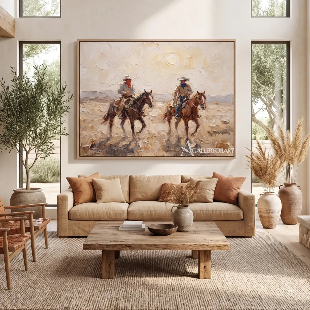 open-range-riders-western-cowboy-beige-wall-art-in-a-hallway