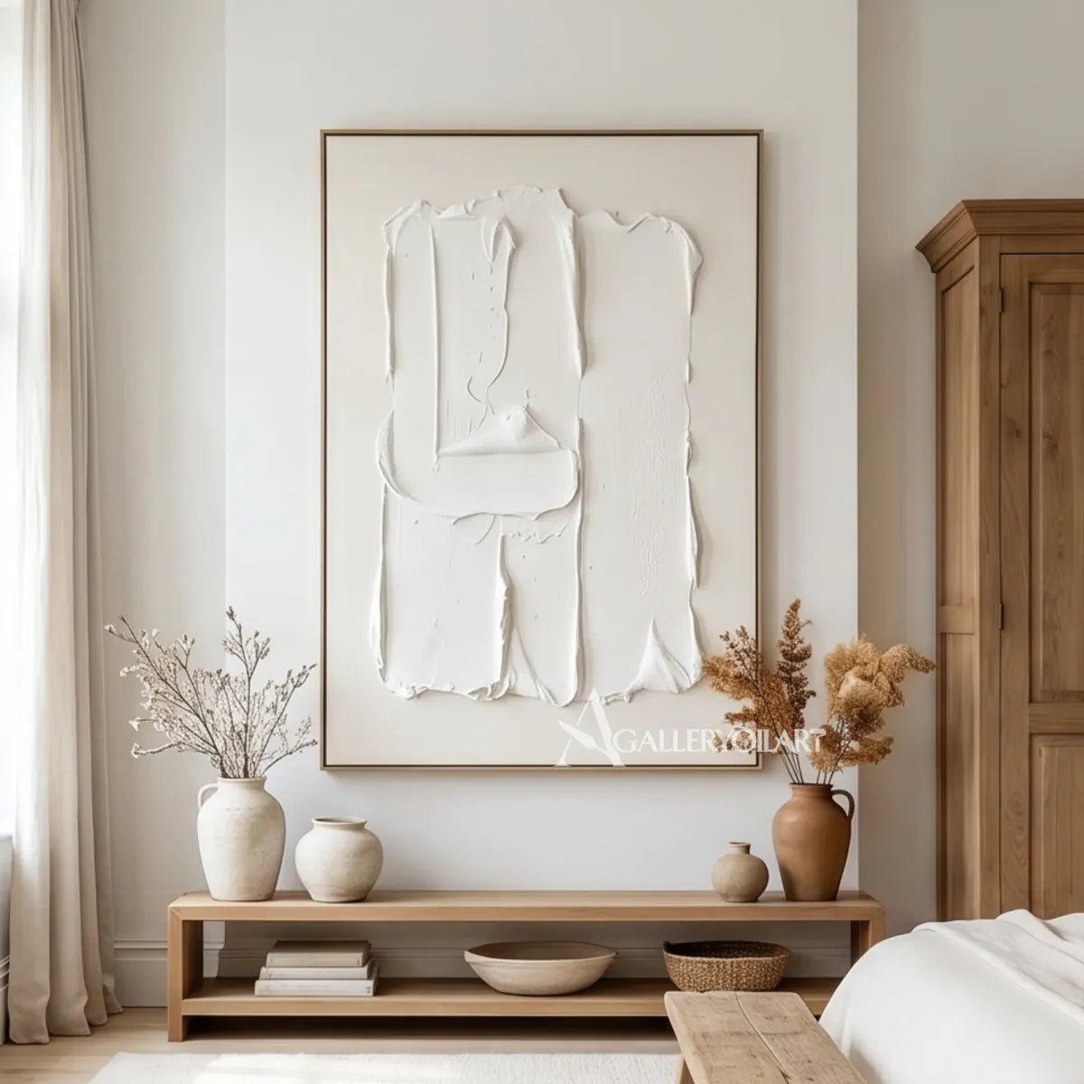 Open-white-textured-3d-relief-wall-art-above-a-console