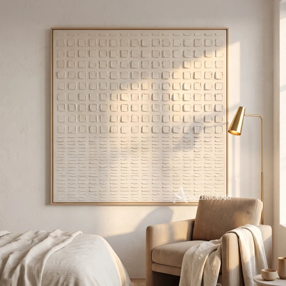 Textured 3D ordered square passage in white relief in a bedroom reading nook