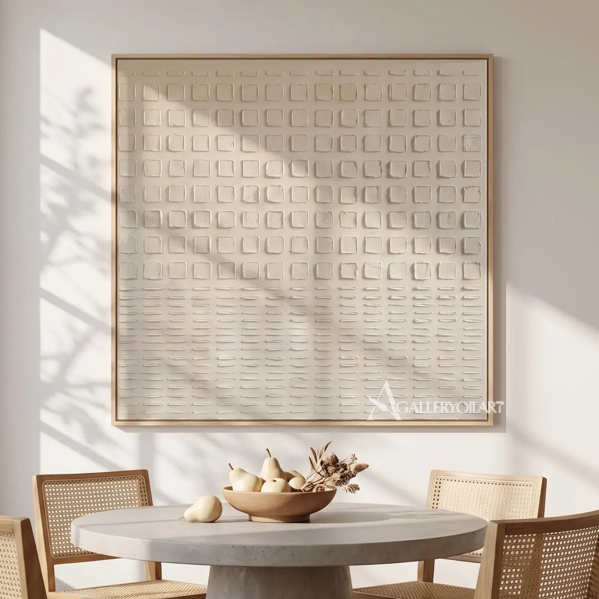 Textured 3D ordered square passage in white relief in a dining room