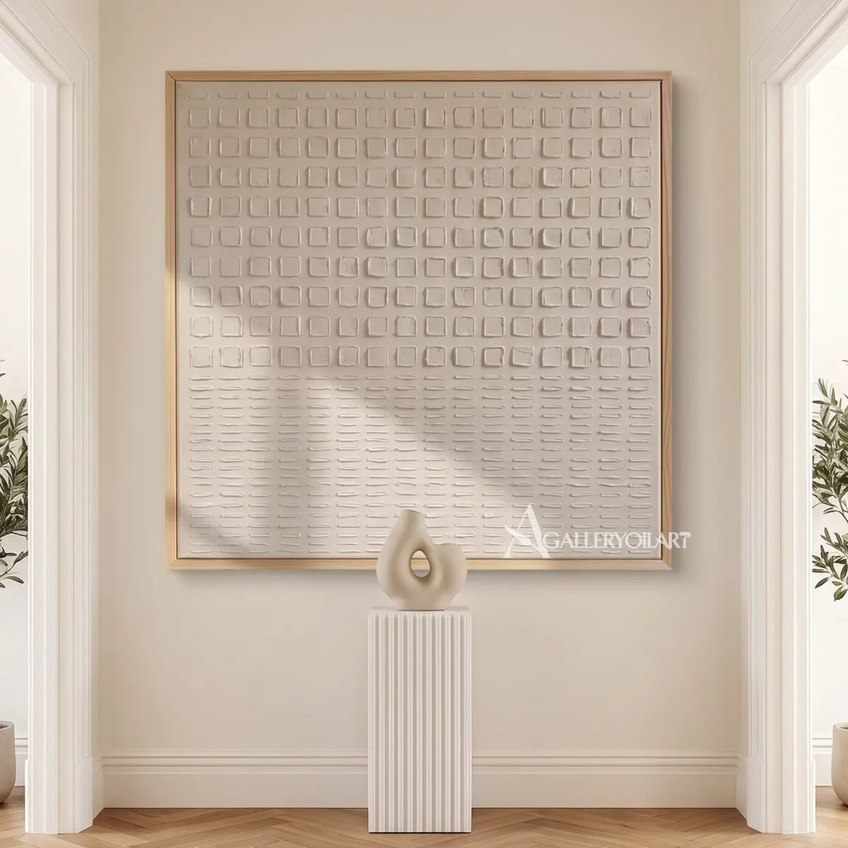 Textured 3D ordered square passage in white relief in a hallway