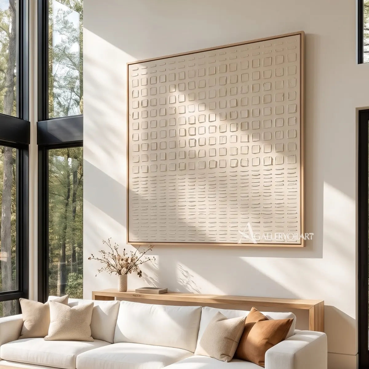 Textured 3D ordered square passage in white relief in a living room