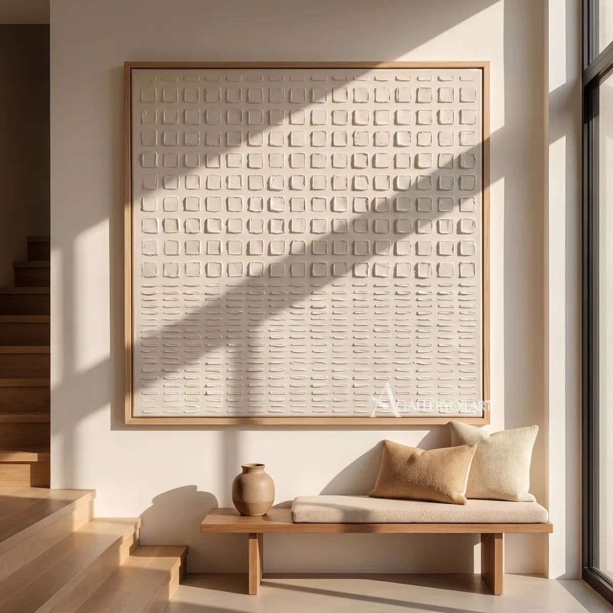 Textured 3D ordered square passage in white relief in a modern interior