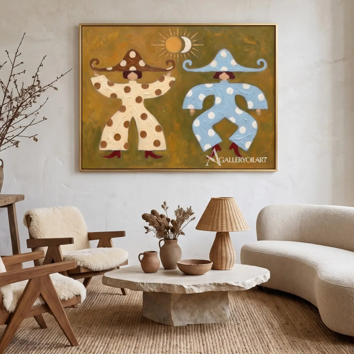 two-folk-figures-on-brown-displayed-in-a-light-dining-room