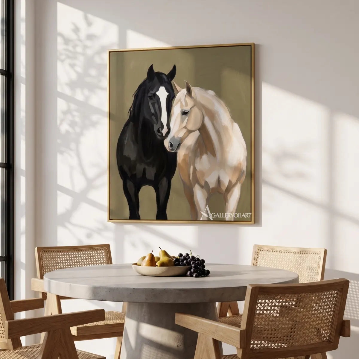 Animal-paired-horse-grace-with-a-black-horse-and-a-light-horse-in-a-dining-room