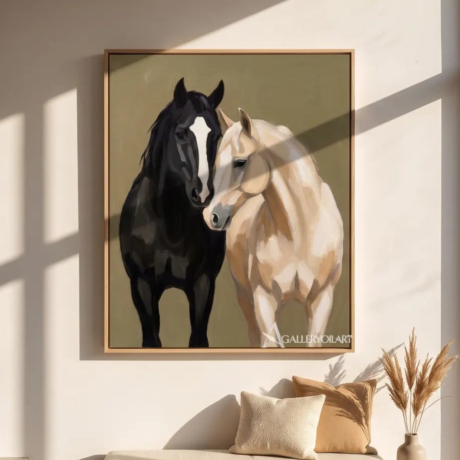 Animal-paired-horse-grace-with-a-black-horse-and-a-light-horse-in-a-minimalist-gallery