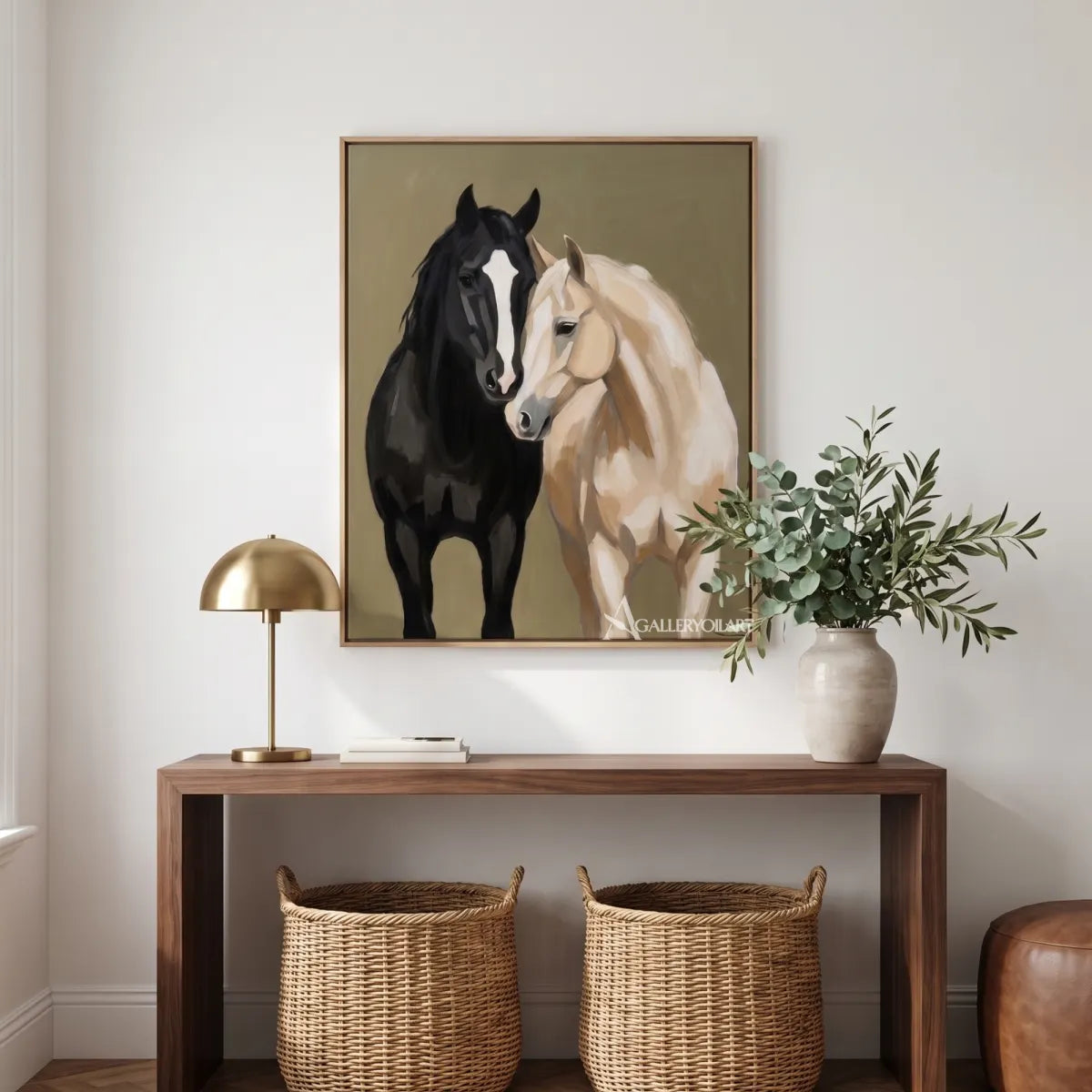 Animal-paired-horse-grace-with-a-black-horse-and-a-light-horse-in-a-modern-entryway