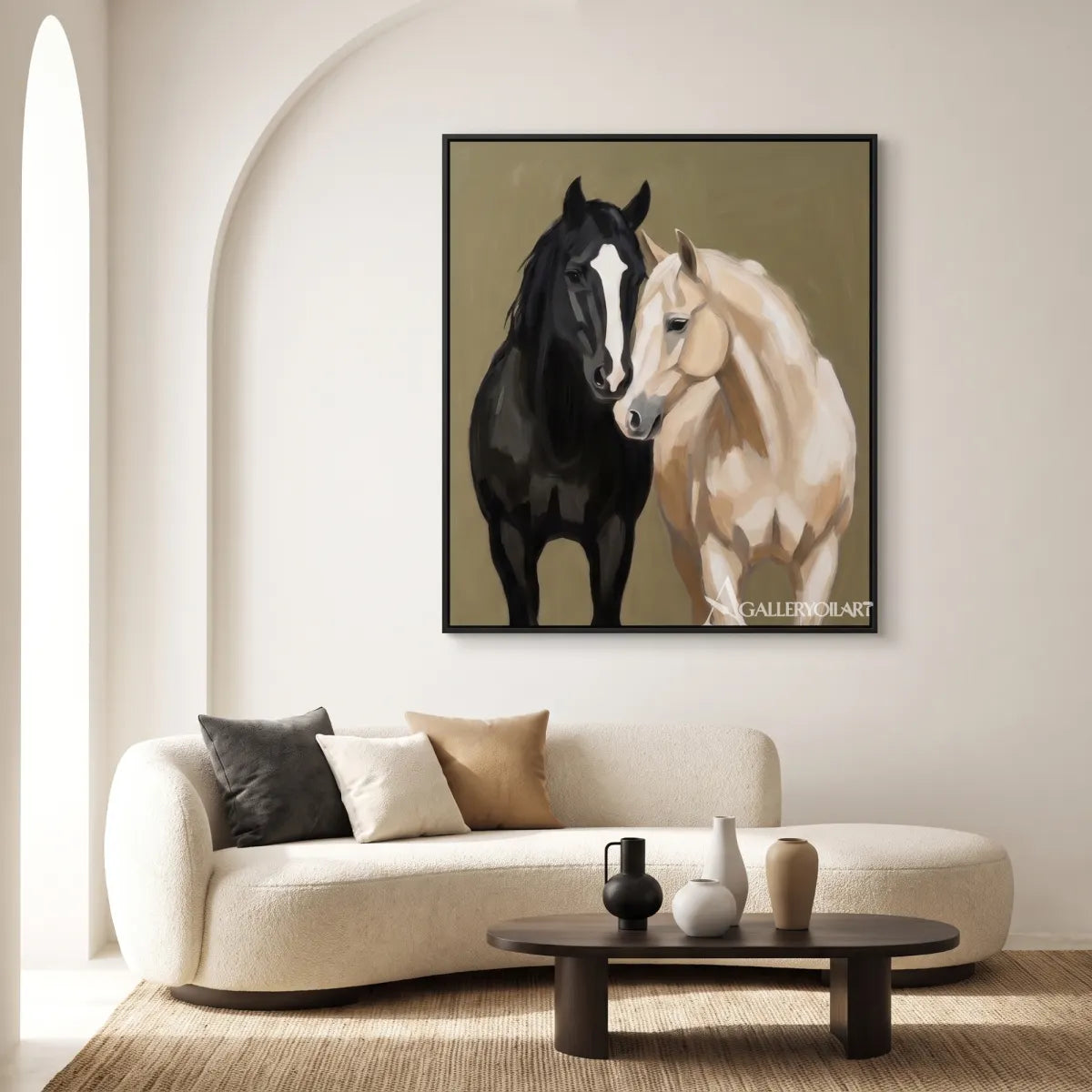 Animal-paired-horse-grace-with-a-black-horse-and-a-light-horse-in-a-modern-hallway