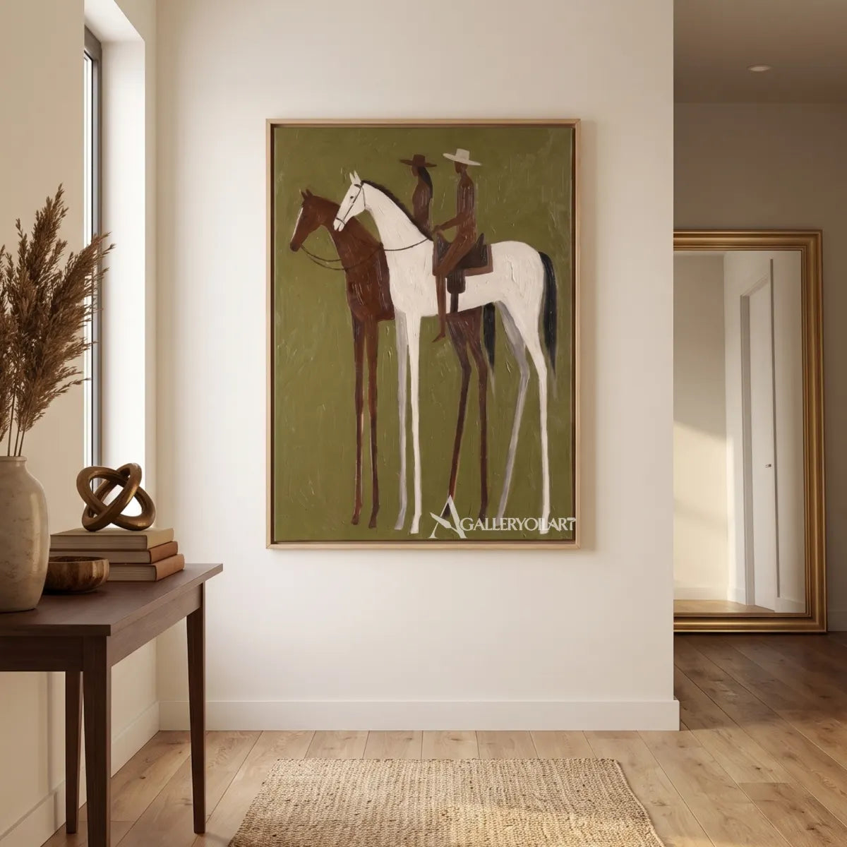 two riders on a white and brown horse-in-western-cowboy-green-entryway