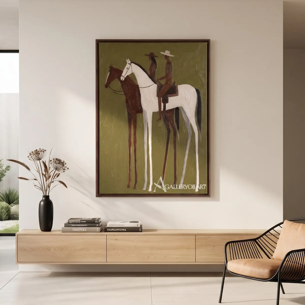 two riders on a white and brown horse-in-western-cowboy-green-living-room