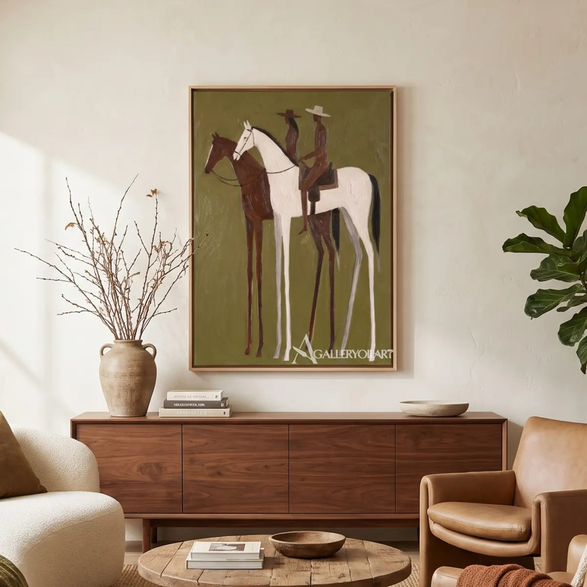 two riders on a white and brown horse-in-western-cowboy-green-midcentury-lounge
