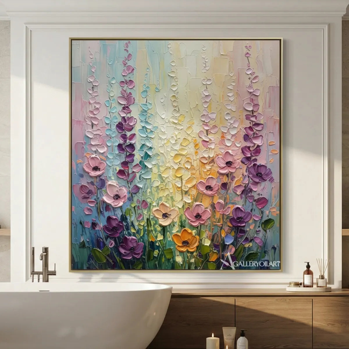 floral-tree-a-field-of-pastel-flowers-soft-pink-lavender-pale-yellow-mint-green-and-deep-green-wall-art-in-bathroom