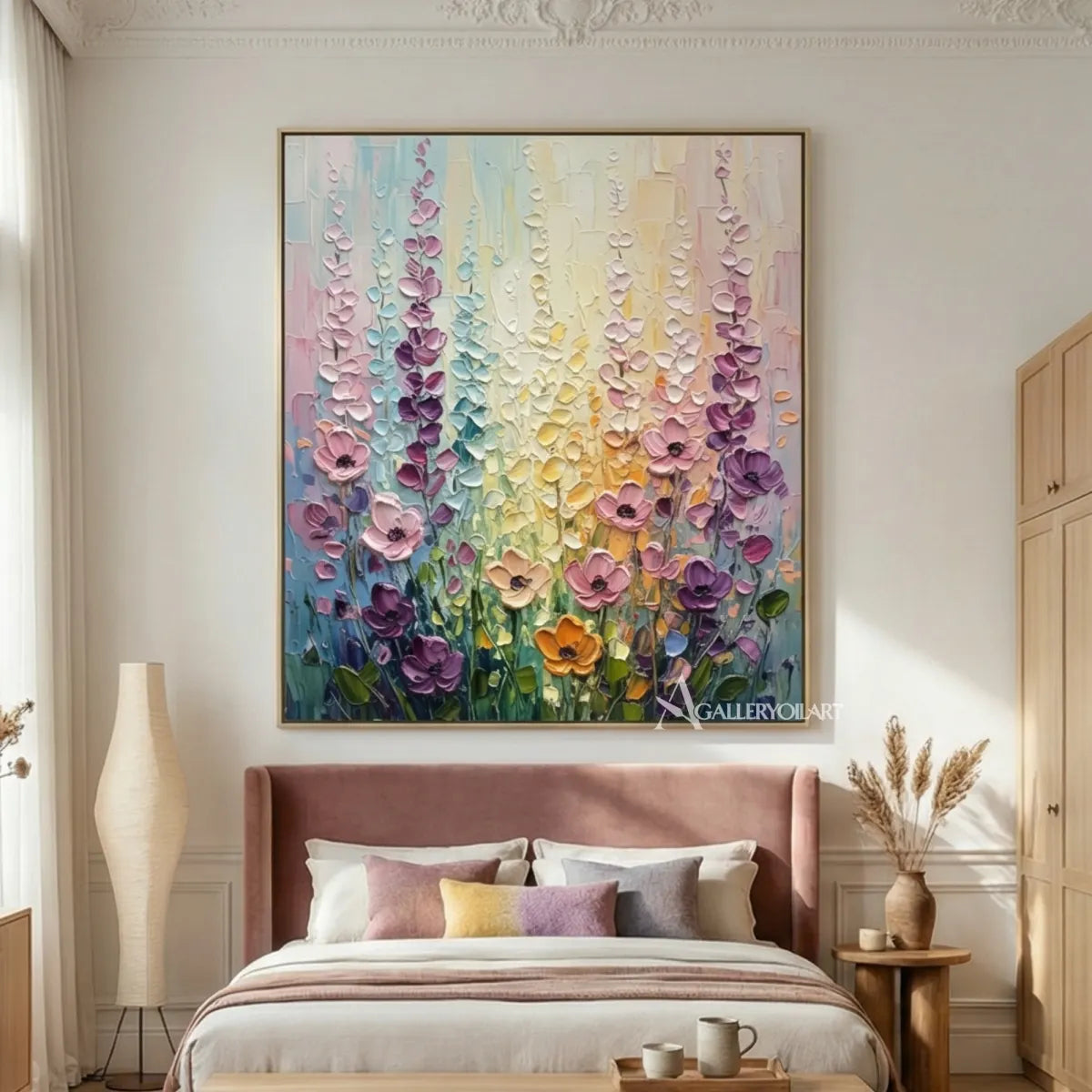 floral-tree-a-field-of-pastel-flowers-soft-pink-lavender-pale-yellow-mint-green-and-deep-green-wall-art-in-bedroom