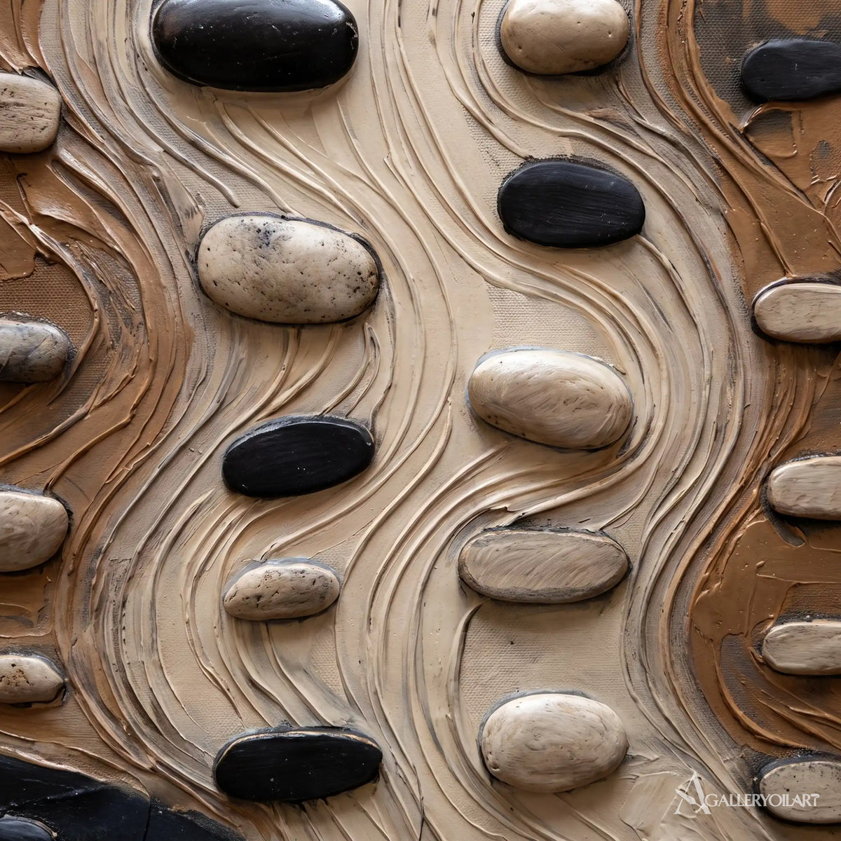 Textured-3D-pebble-flow-beige-and-charcoal-wall-art-in-a-close-up-view