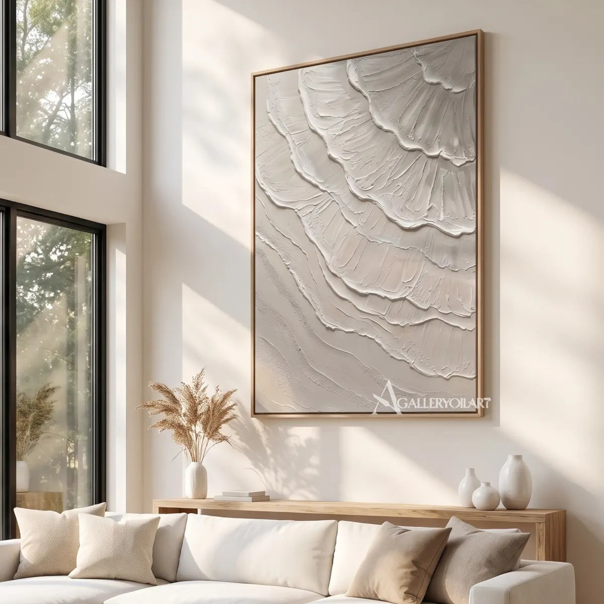 Textured 3D layered petals in beige and warm neutral relief-in-living-room