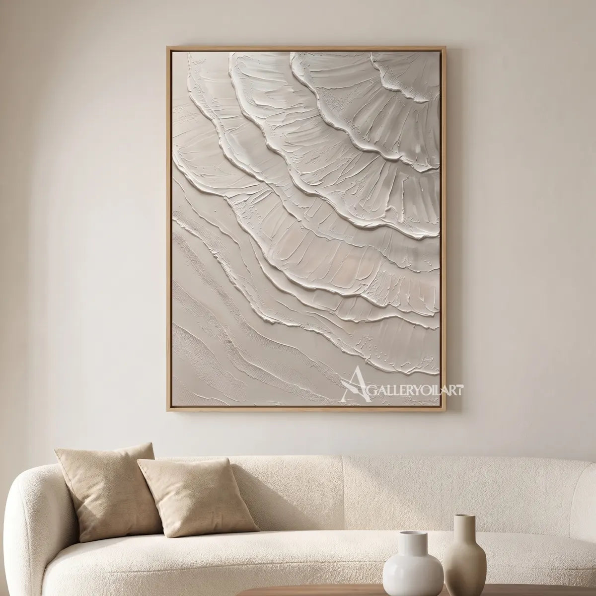 Textured 3D layered petals in beige and warm neutral relief-in-minimalist-living-room