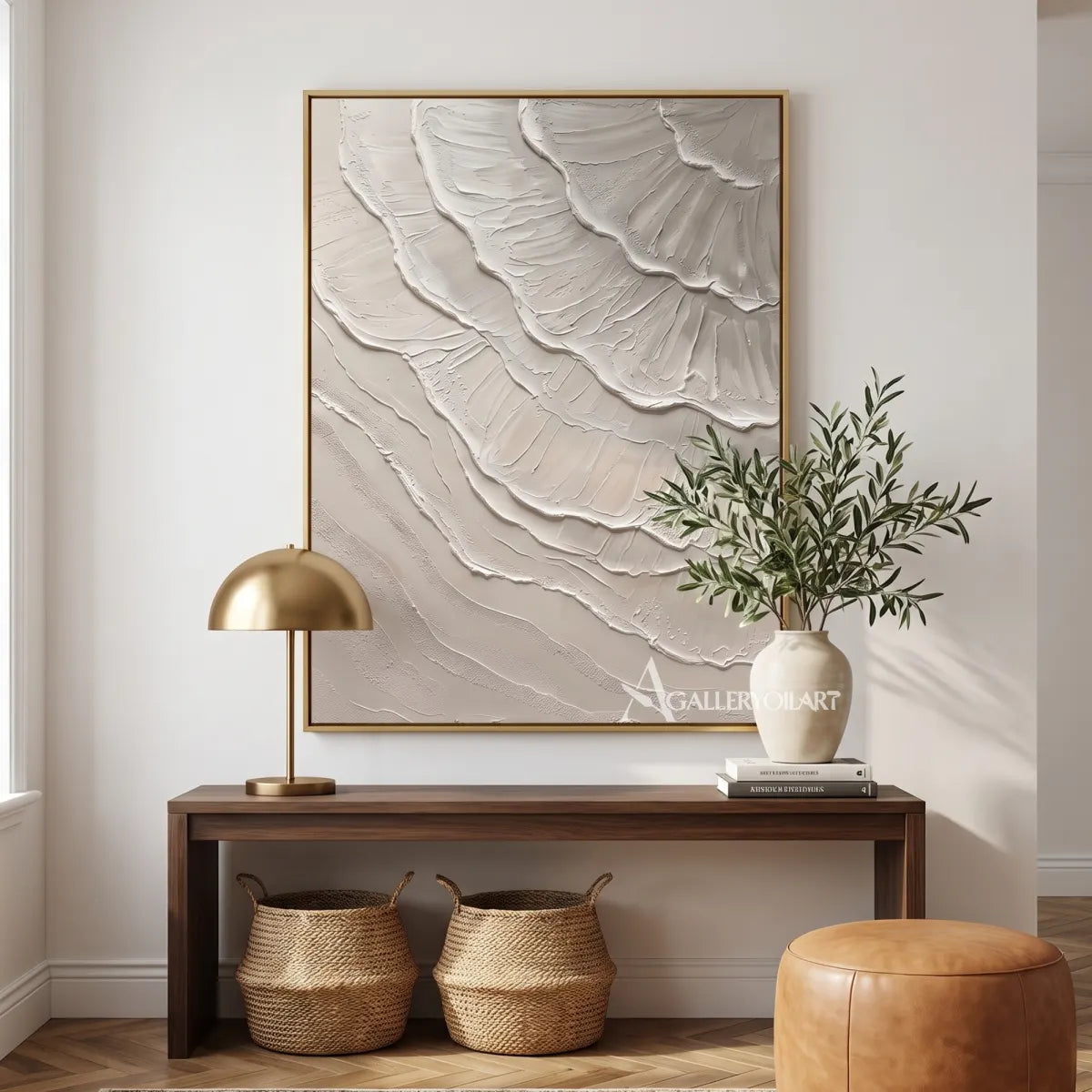 Textured 3D layered petals in beige and warm neutral relief-in-modern-entryway